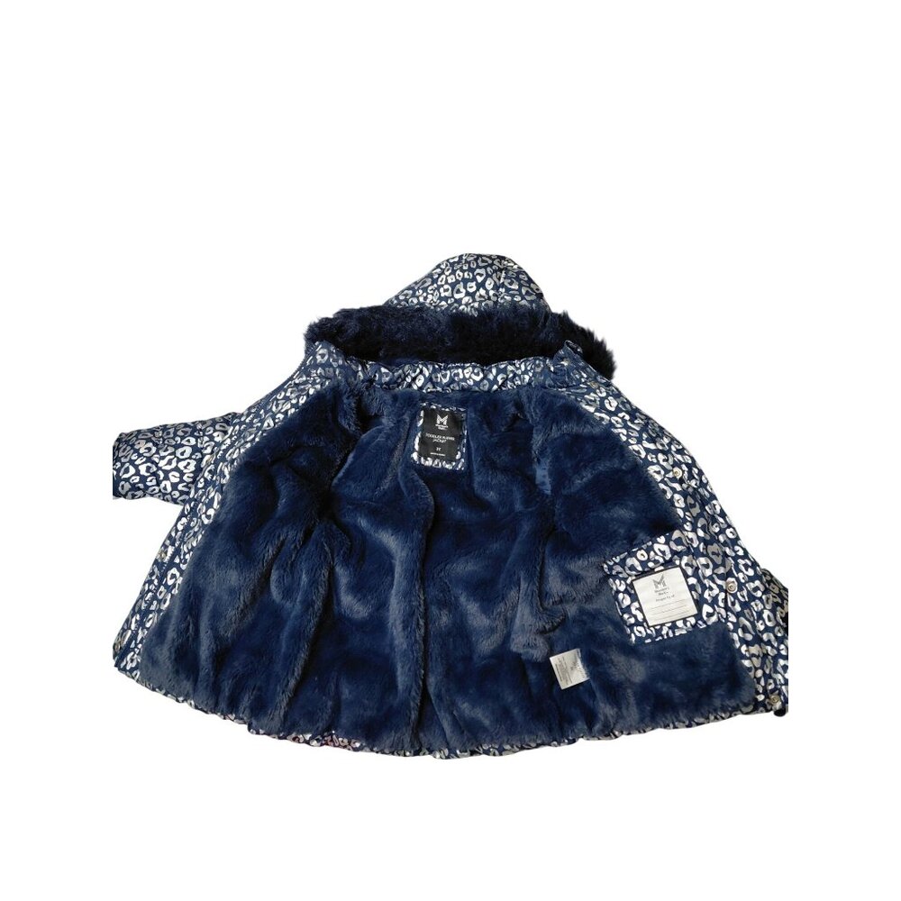 Members Mark Toddler Puffer Jacket 3T Navy Leopard Print Faux Fur Hood Winter - Picture 5 of 9